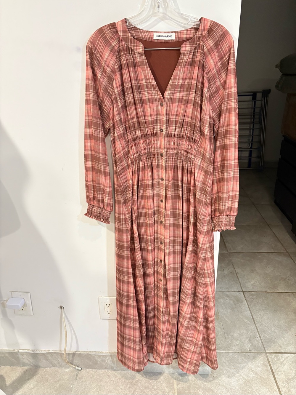 Pink Plaid Button-Front Shirred-Waist Maxi Dress